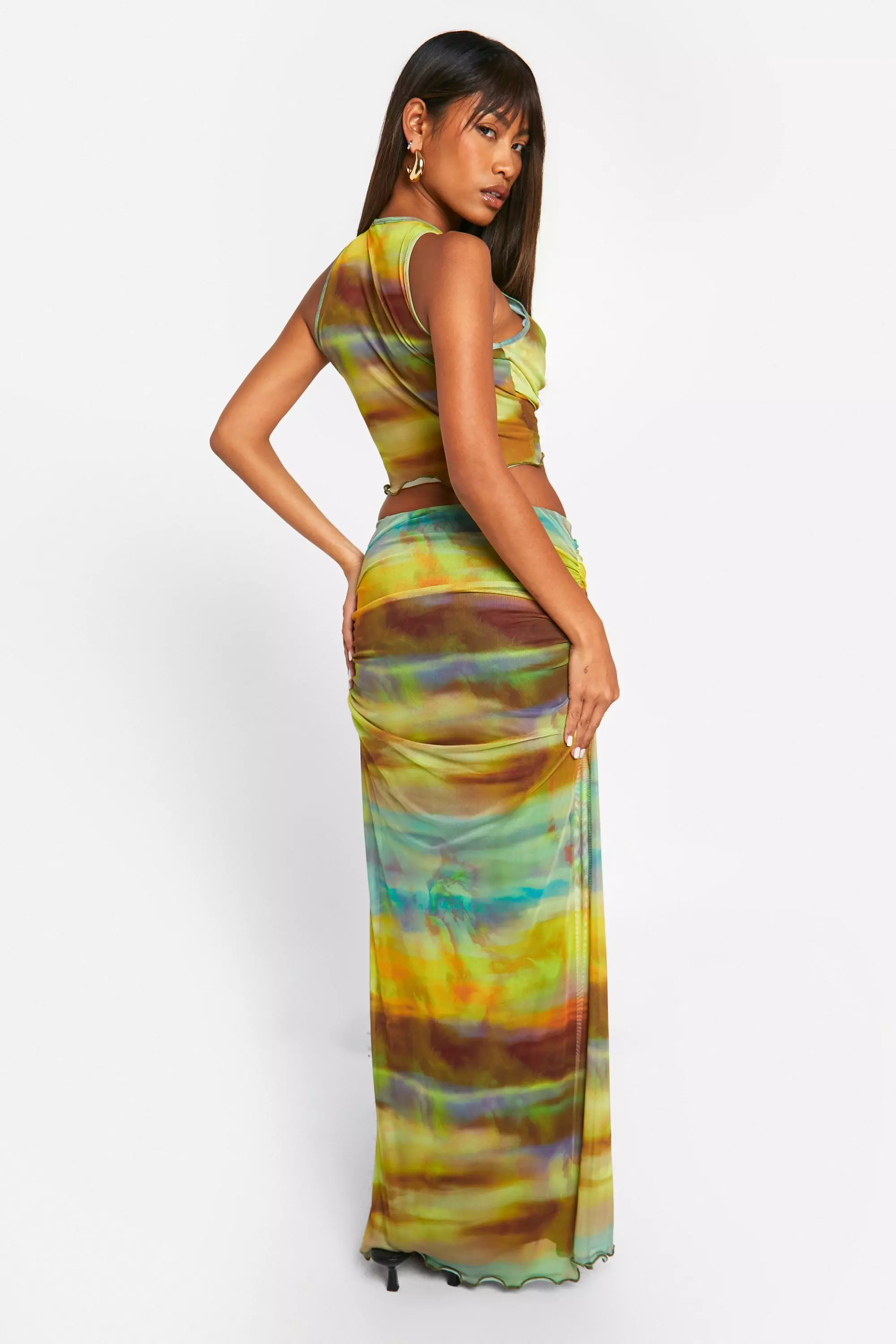 Yellow Printed Mesh Rushed Side Maxi Skirt alternative image