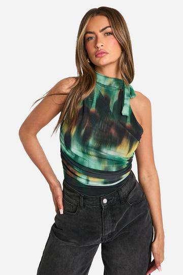 Printed Mesh Tie Neck Drape Top green