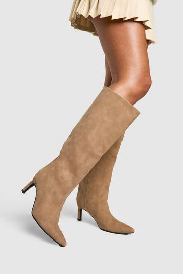 Taupe Beige Column Nubuck Low Heel Knee High Boots