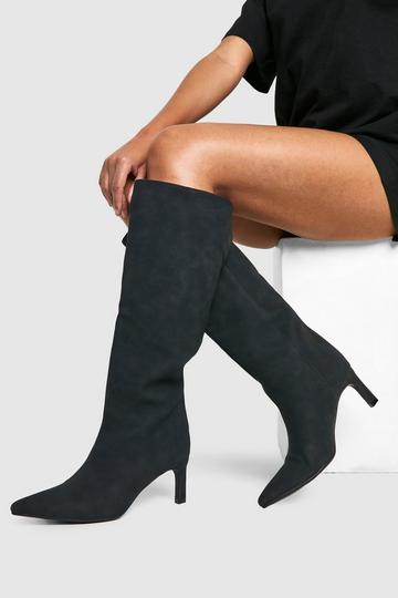 Black Column Low Heel Knee High Boots