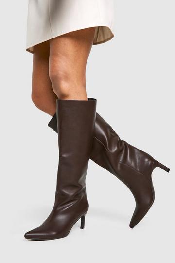 Textured Wide Shaft Low Heel Knee High Boots chocolate