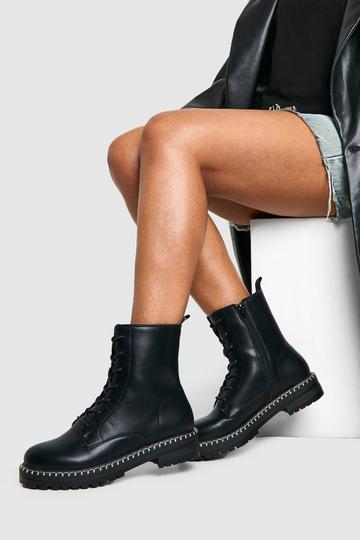 Textured Pu Lace Up Hiker Boots black