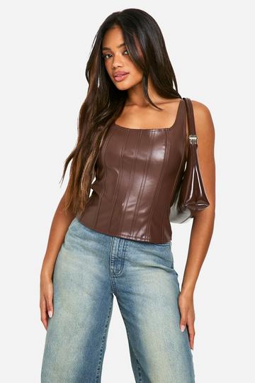 Faux Leather Zip Through Square Neck Corset chocolate