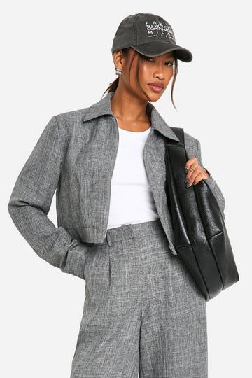 Pocket Detail Shoulder Pad Crop Bomber Jacket slate grey