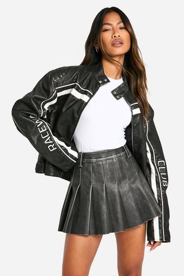 Black Vintage Look Faux Leather Pleated Mini Skirt