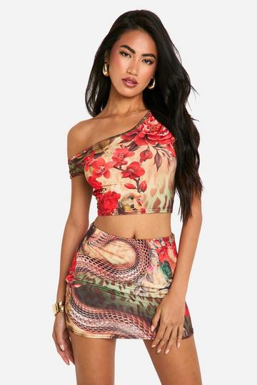 Mixed Floral Printed Off Shoulder Slinky Crop Top red