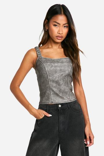 Washed Faux Leather Ruched Strap Corset grey