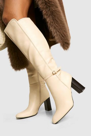 Buckle Detail Block Heel Knee High Boots cream