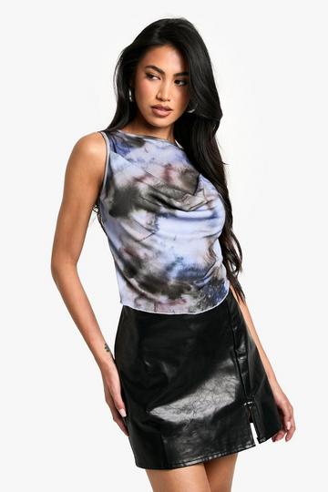 Printed Textured Mesh Drape Front Top blue