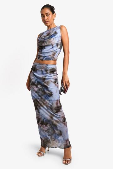 Printed Textured Mesh Drape Maxi Skirt blue