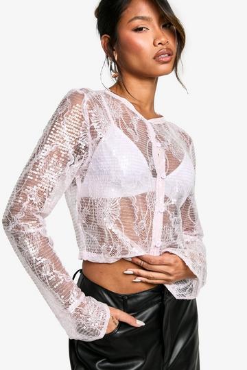 Sequin Lace Sheer Cardigan Top light pink