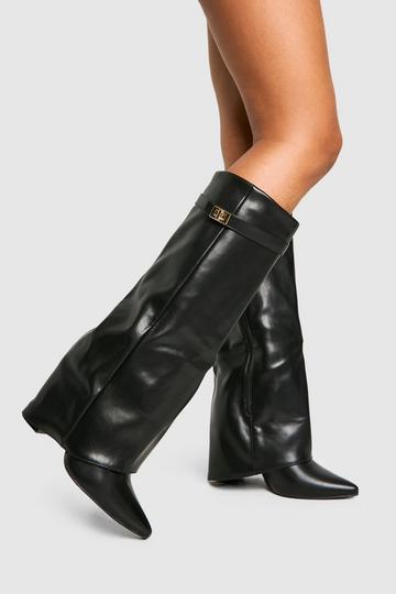 Black Buckle Detail Fold Over Block Heel Knee High Boots