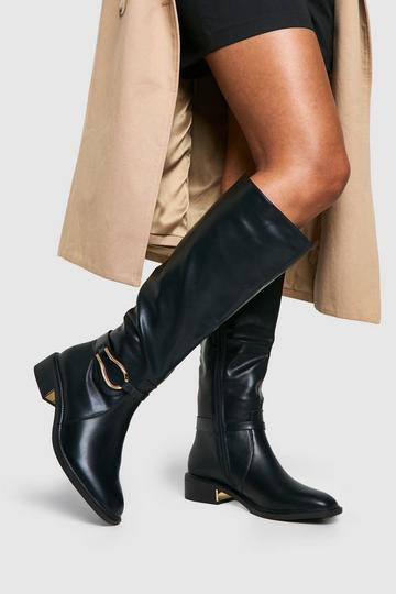 Black Wide Fit Hardware Detail Knee High Boots