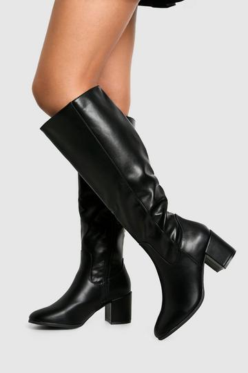 Wide Fit Low Block Basic Pull On Knee High Boots black