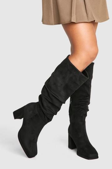 Wide Fit Block Heel Ruched Knee High Boot black