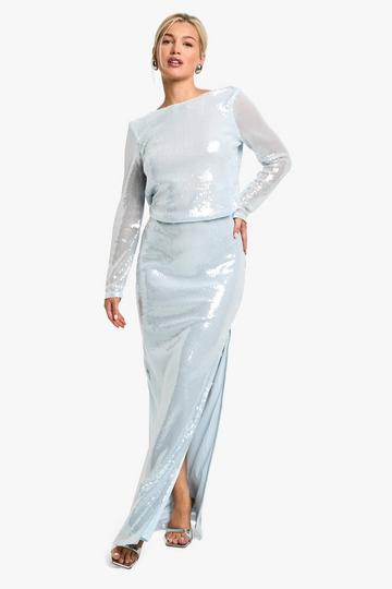 Sequin Side Split Maxi Skirt ice blue