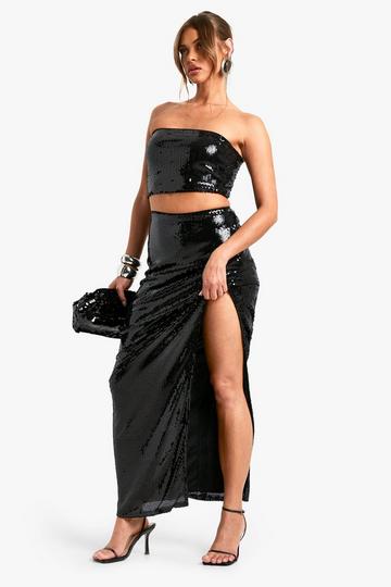 Black Sequin Side Split Maxi Skirt