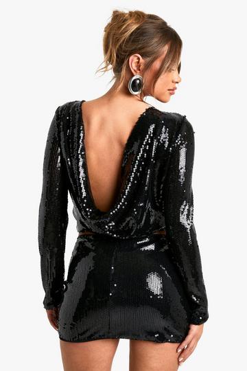 Sequin Long Sleeve Cowl Back Top black