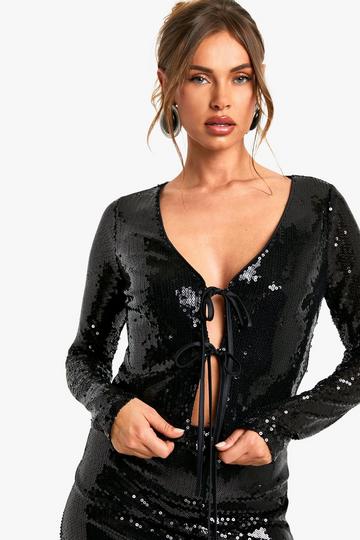 Sequin Tie Front Cardigan Top black