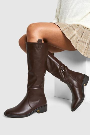 Brown Wide Fit Tab Detail Knee High Boot