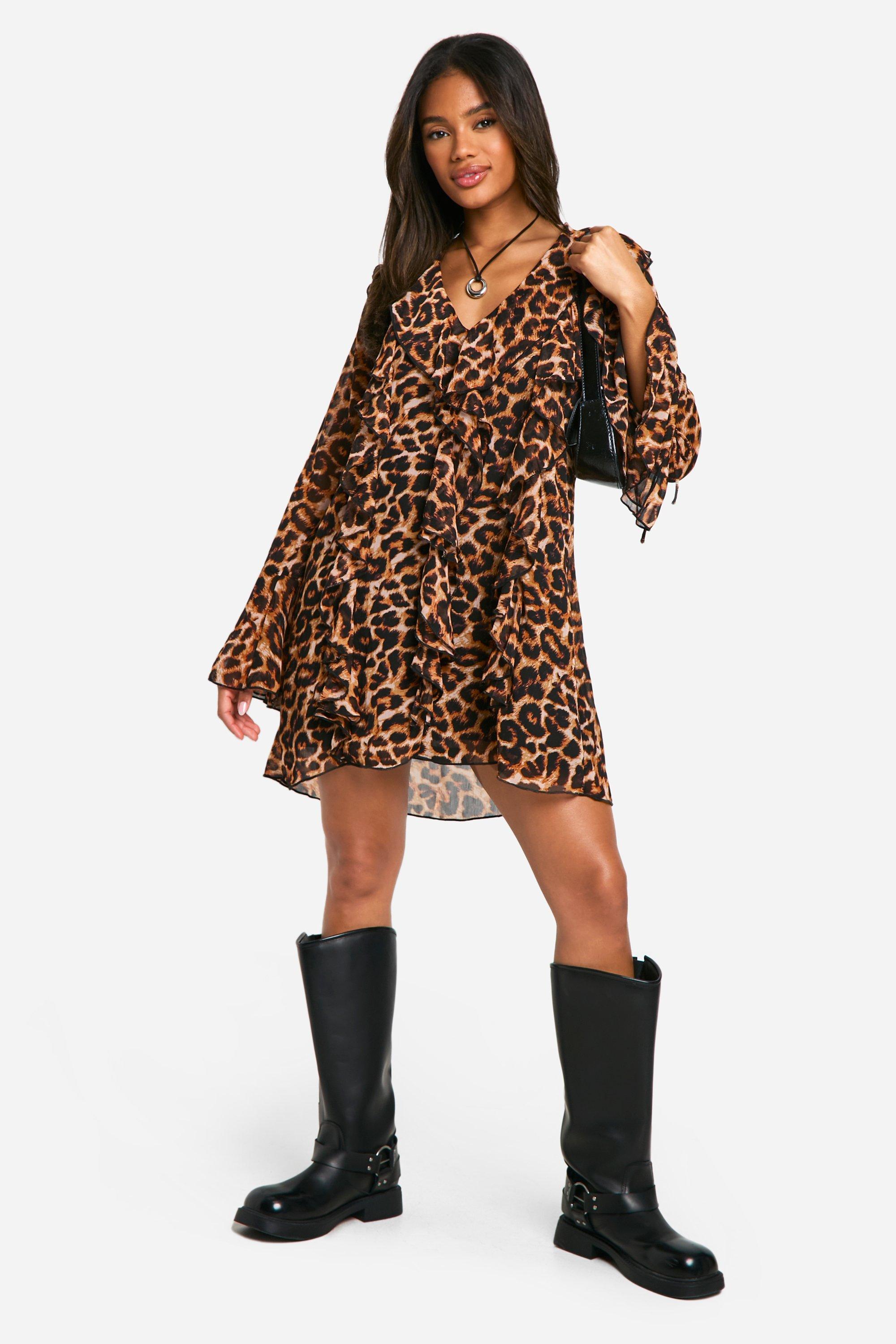 Leopard Ruffle Shift Dress boohoo UK