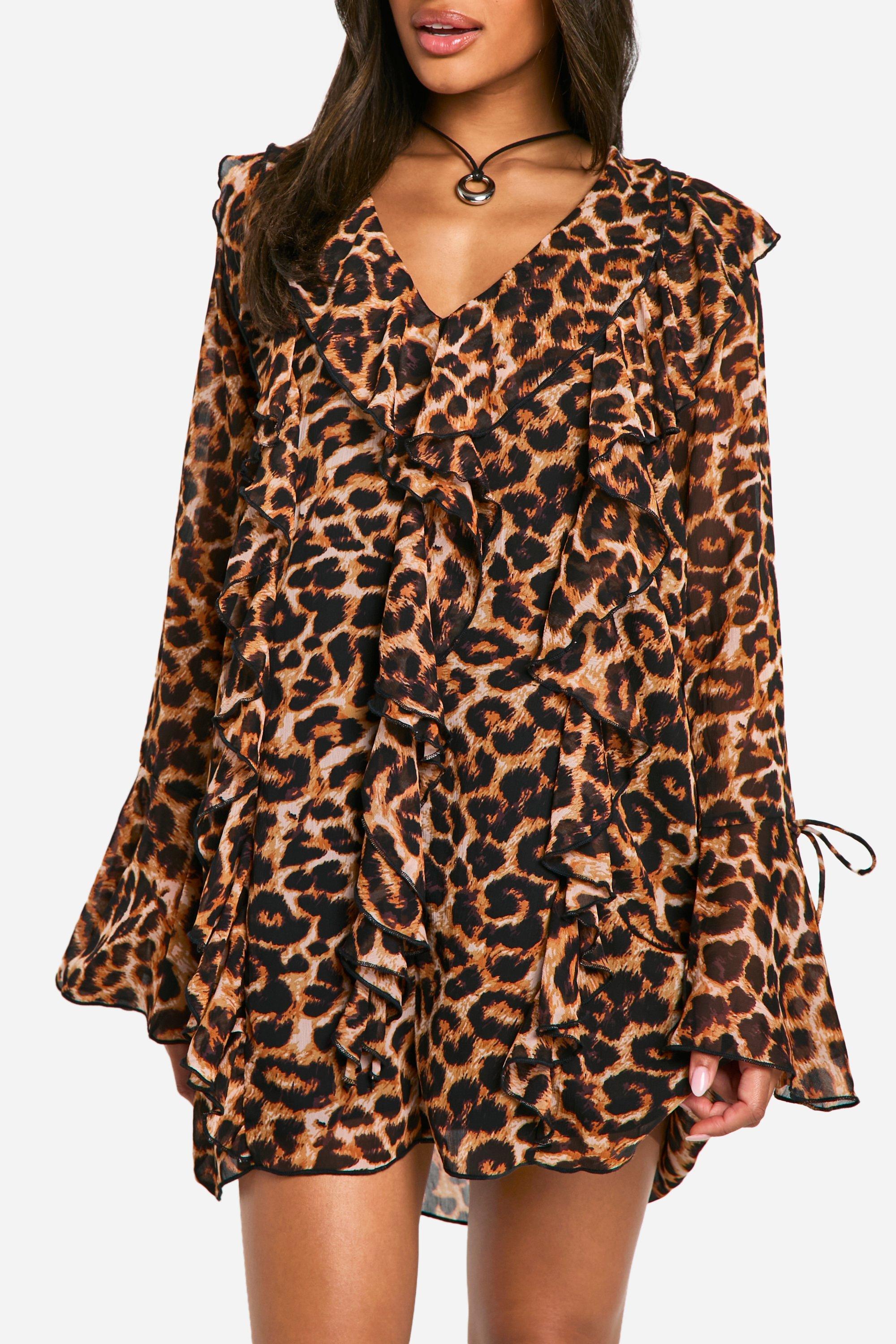 Leopard Ruffle Shift Dress boohoo