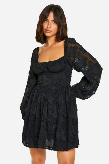 Black Floral Jacquard Milkmaid Dress