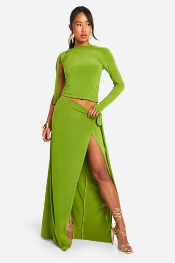 Double Layer Slinky Knot Detail One Sleeve Top & Maxi Skirt Set green