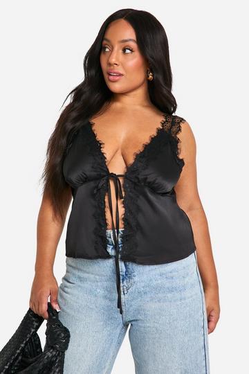 Plus Tie Front Contrast Lace Trim Cami Top black