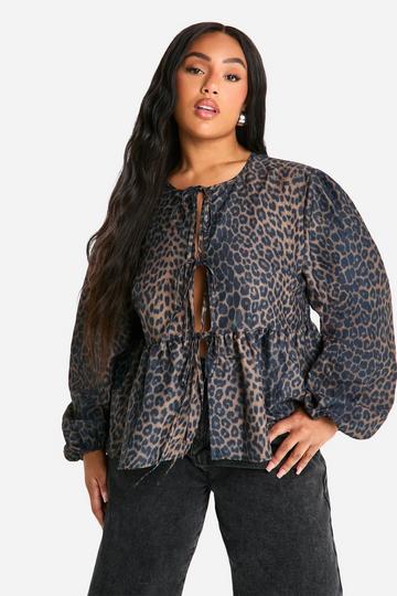 Plus Tie Front Leopard Long Sleeve Smock brown