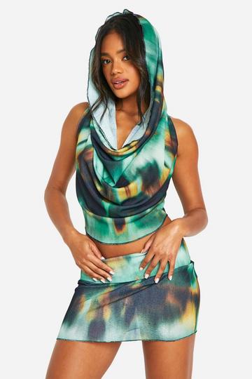 Printed Textured Mesh Hooded Cowl Neck Cowl Top & Micro Skirt Set green