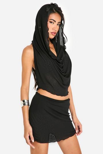 Textured Mesh Hooded Cowl Neck Cowl Top & Micro Skirt Set black