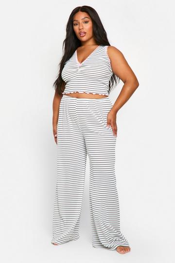 Cream White Plus Stripe Pants And Tank Top Pajama Set