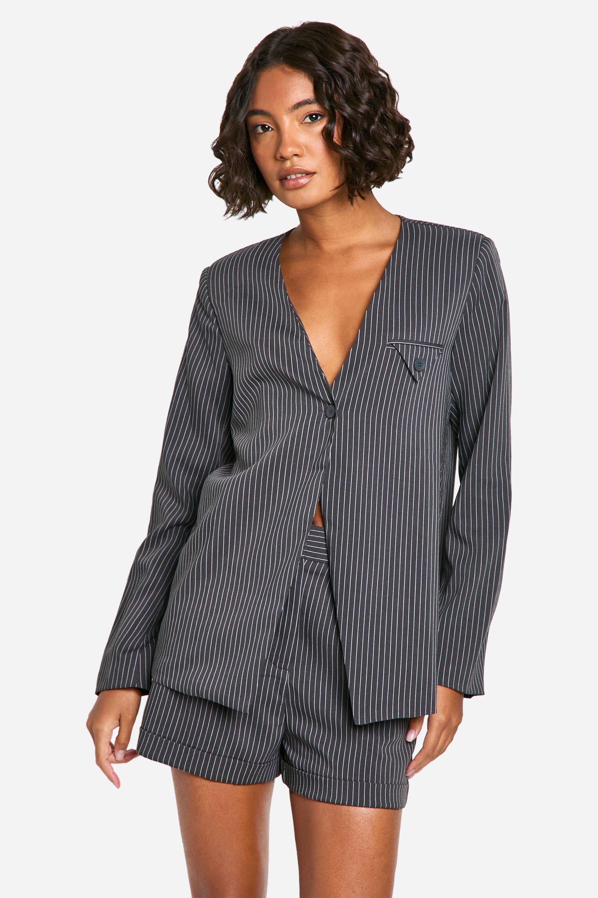 Grey Tall Collarless Pinstripe Tailored Blazer