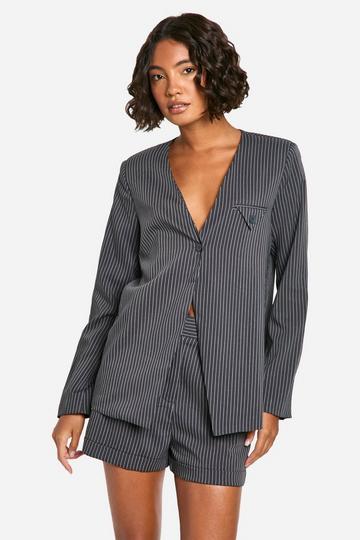 Grey Tall Collarless Pinstripe Tailored Blazer