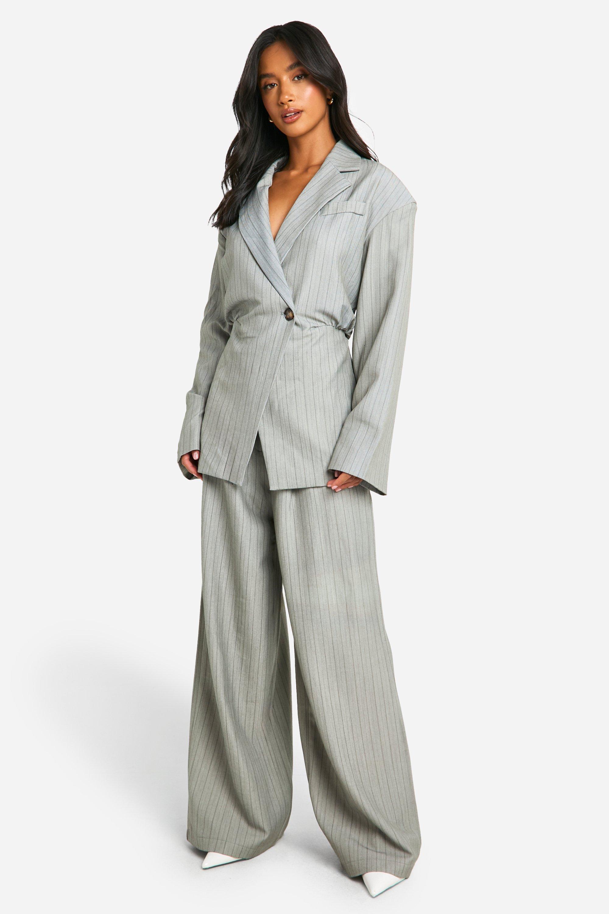 Grey Petite Cinched Waist Pinstripe Tailored Jacket