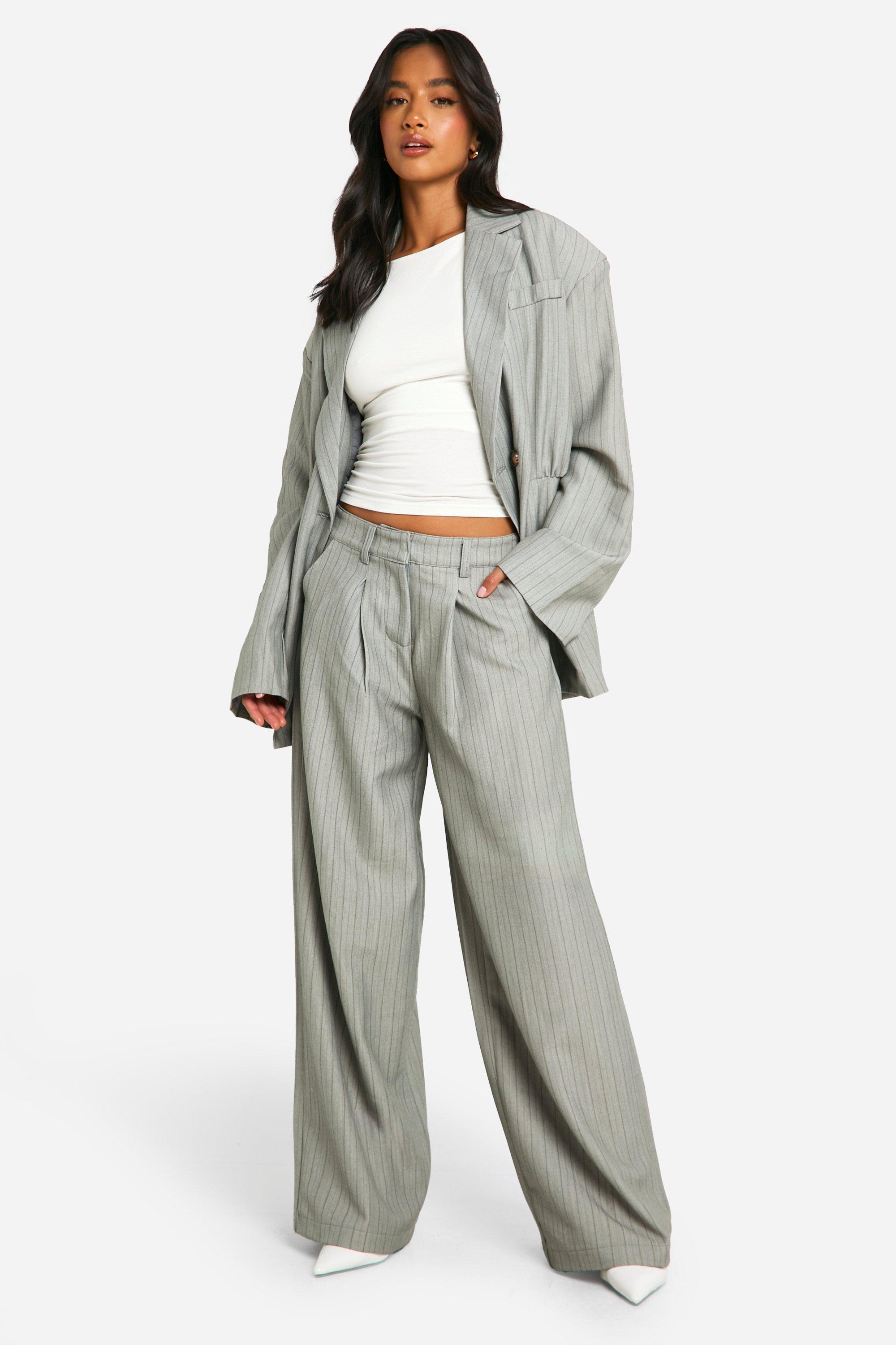 Grey Petite Pinstripe Wide Leg Trousers 