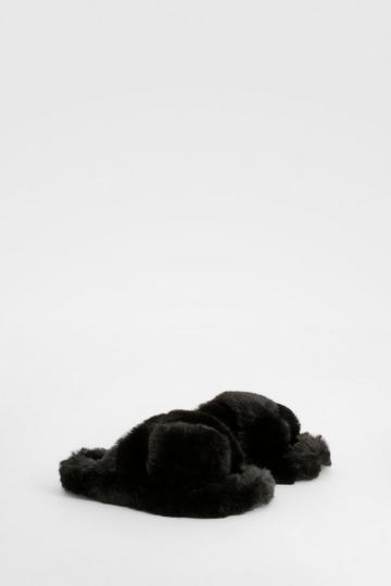 Black Fluffy Cross Front Platform Slipper