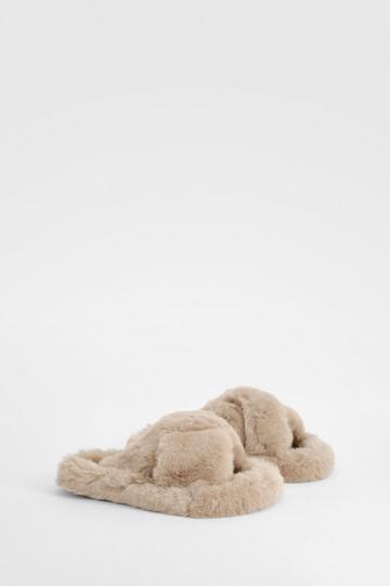 Fluffy Cross Front Platform Slipper taupe