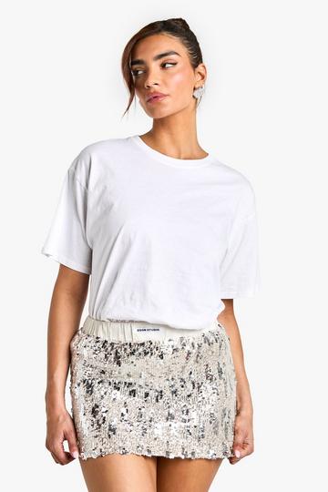 Silver Sequin Satin Waistband Mini Skirt