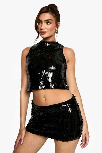 Black Sequin Low Rise Mini Skirt