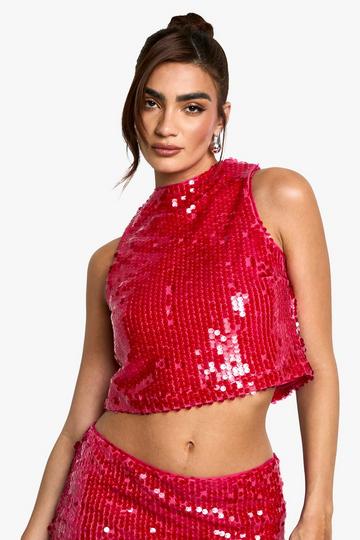 Sequin High Neck Jean Grazer Top fuchsia