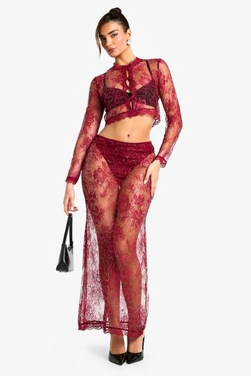 Sequin Lace Maxi Skirt berry