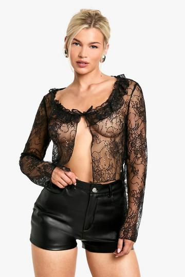 Sequin Lace Tie Front Blouse black