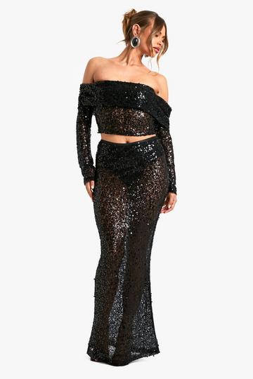 Black Sequin Beaded Lace Maxi Skirt