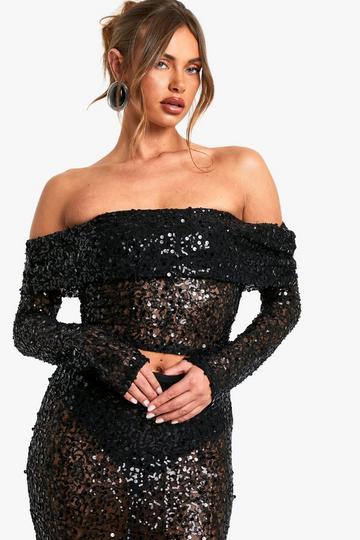 Sequin Beaded Lace Bardot Top black