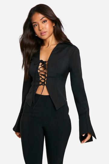 Black Petite Lace Up Tailored Shirt