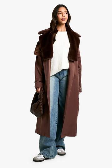 Chocolate Brown Fur Trim Trench Coat