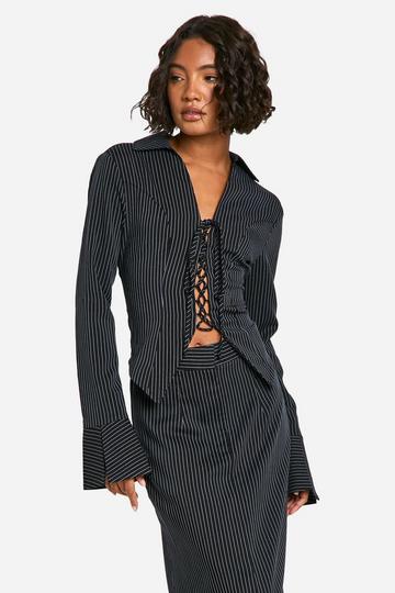 Tall Pinstripe Lace Up Tailored Shirt black