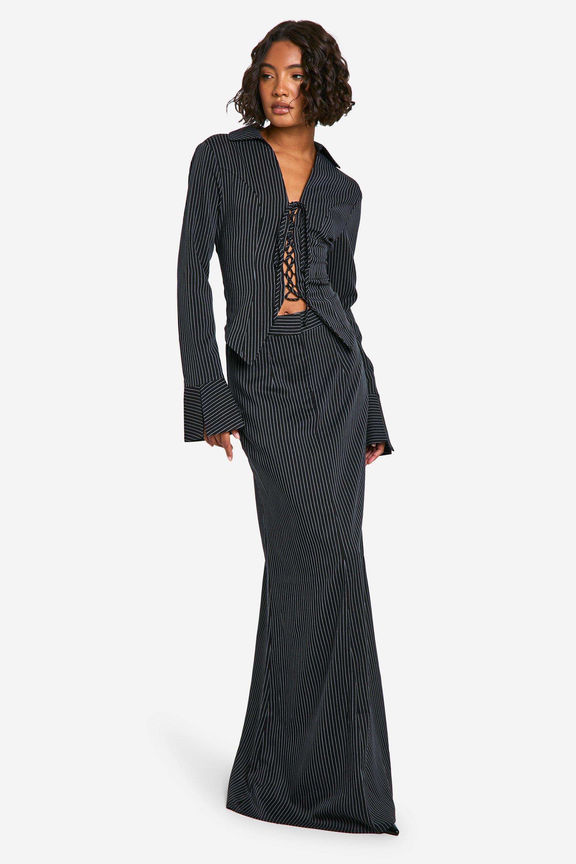 Black Tall Pinstripe Tailored Maxi Skirt